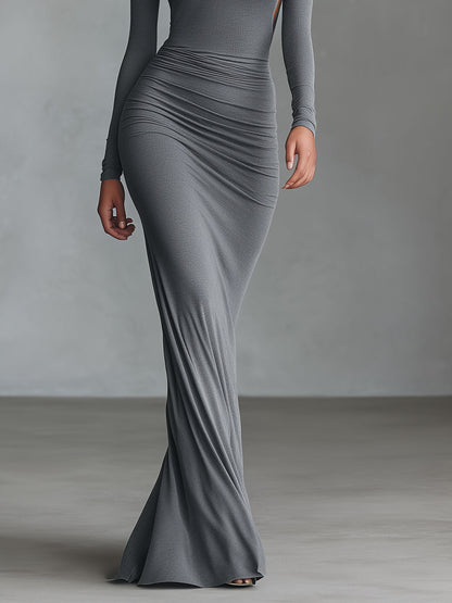 Eleuteria — Abito lungo in maglia elasticizzata con girocollo grigio