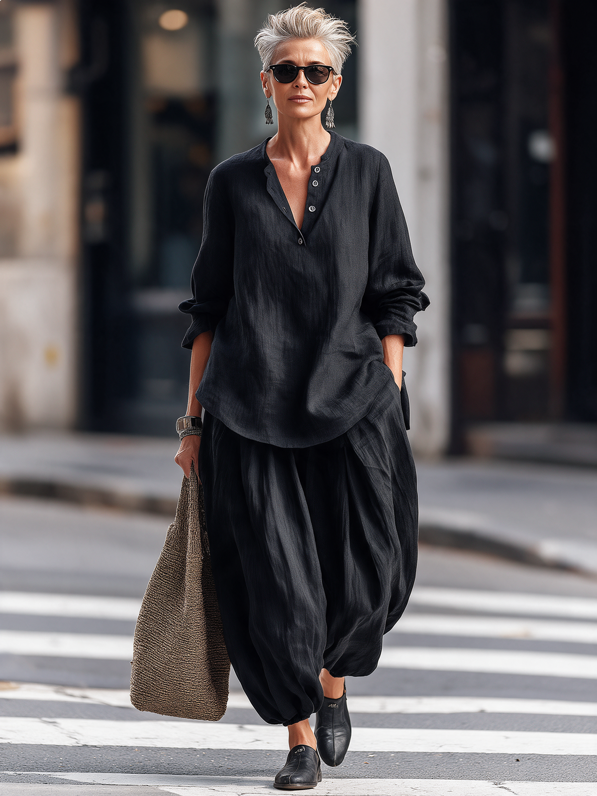 Ortensia — Completo in cotone e lino con top henley e pantaloni harem