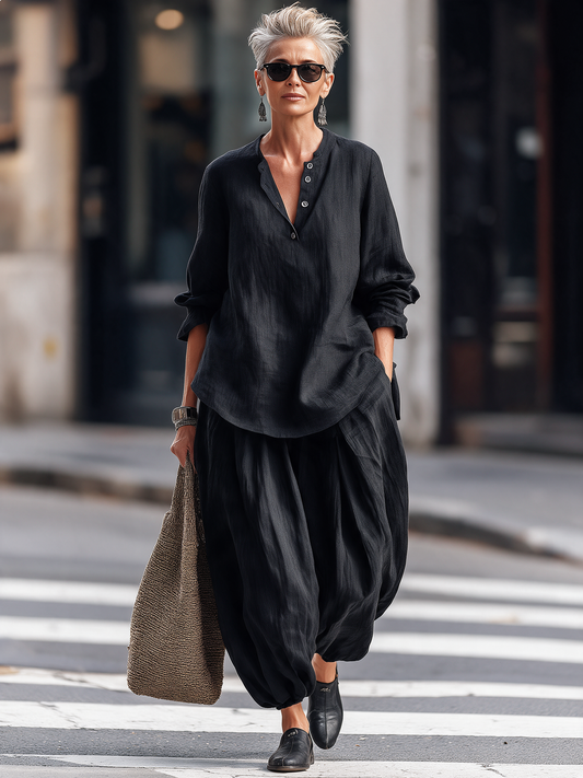 Ortensia — Completo in cotone e lino con top henley e pantaloni harem