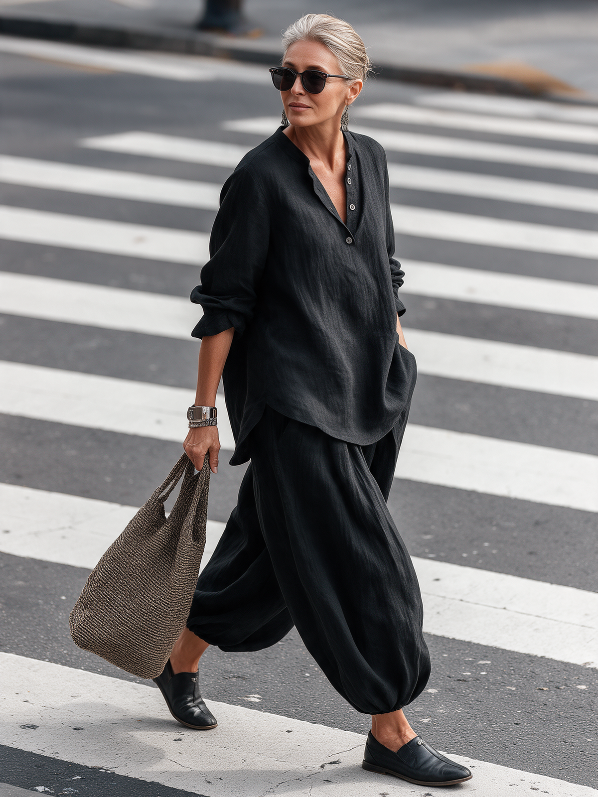 Ortensia — Completo in cotone e lino con top henley e pantaloni harem