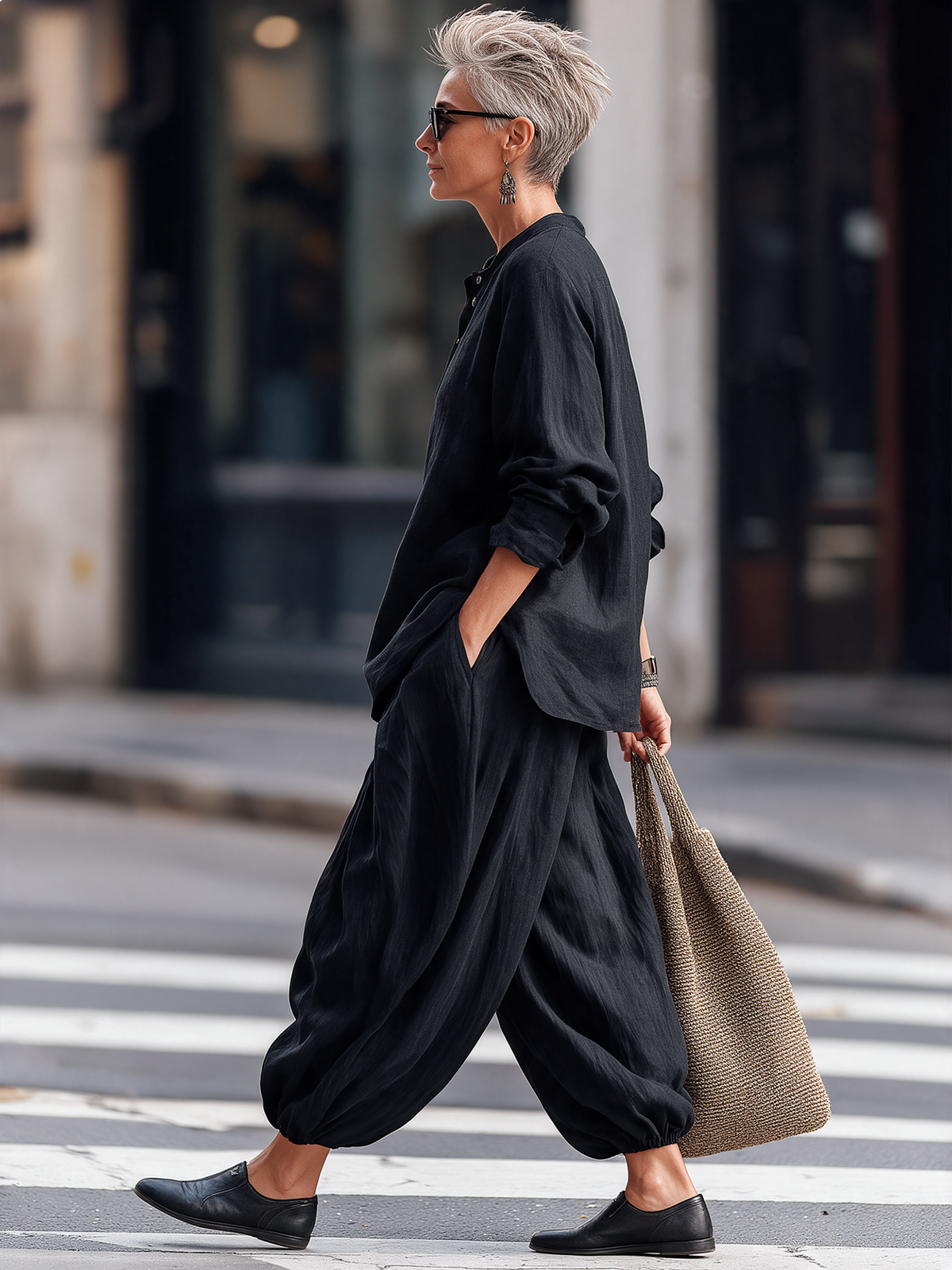 Ortensia — Completo in cotone e lino con top henley e pantaloni harem