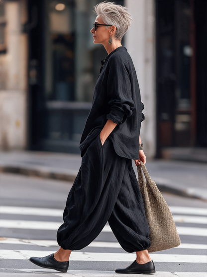 Ortensia — Completo in cotone e lino con top henley e pantaloni harem