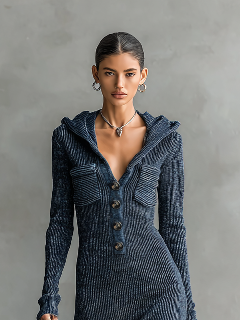 Adelaide — Abito lungo in maglia elasticizzata a manica lunga blu navy