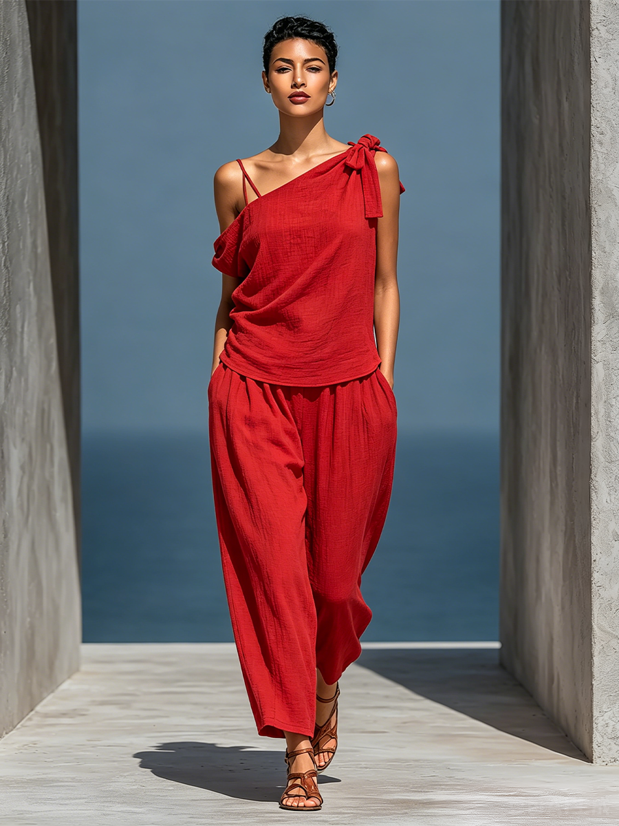 Eloisa — Completo due pezzi in lino con pantaloni a gamba larga rosso