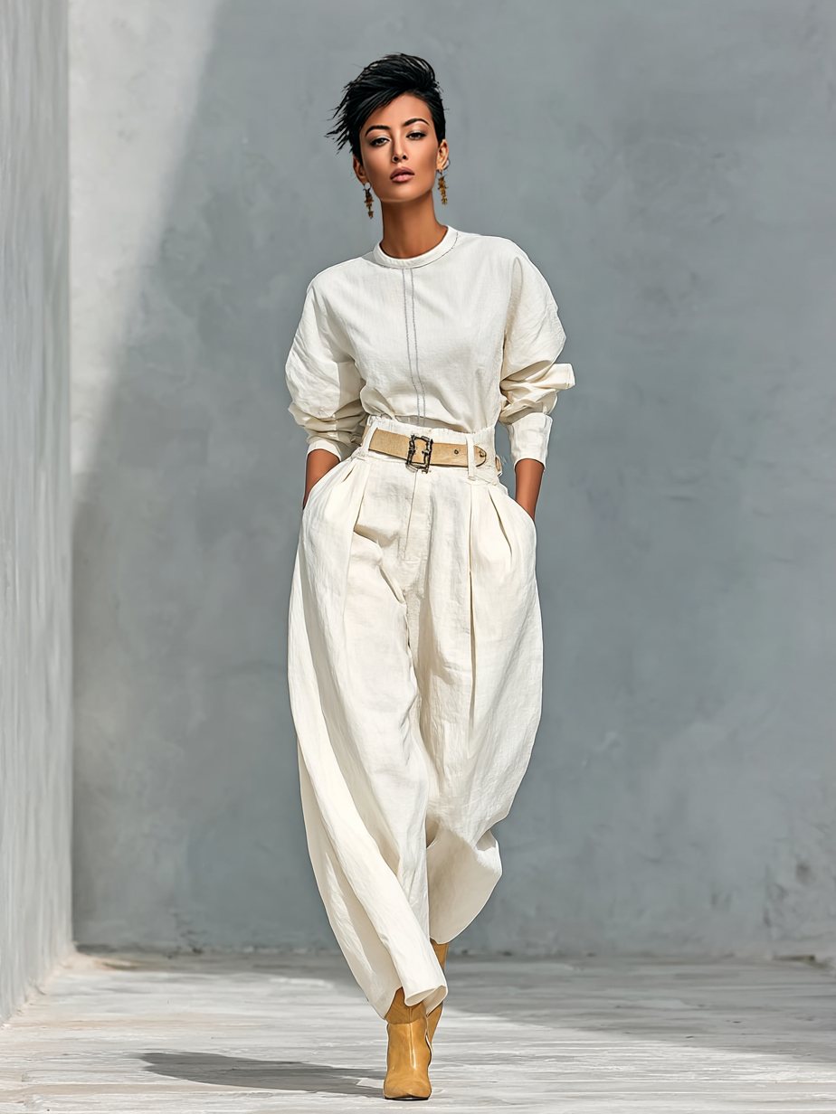 Delia — Completo due pezzi in cotone e lino con pantaloni bianco