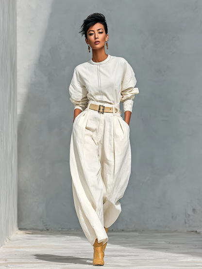 Delia — Completo due pezzi in cotone e lino con pantaloni bianco