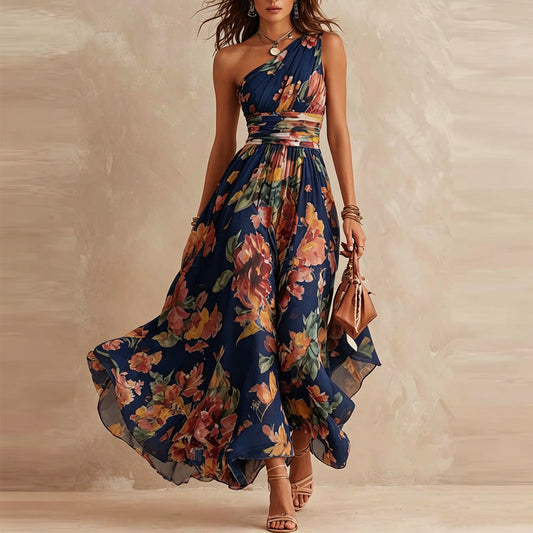 Maria — Abito lungo monospalla a fiori