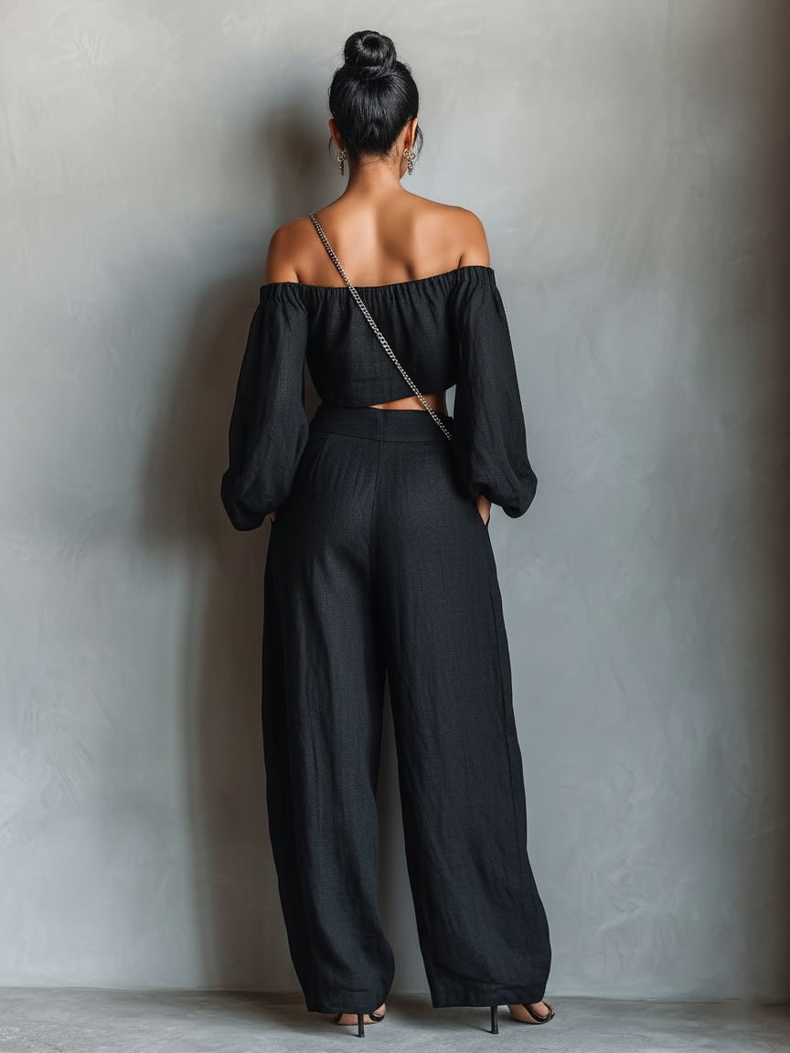 Bruna — Completo due pezzi in lino con pantaloni a gamba larga nero
