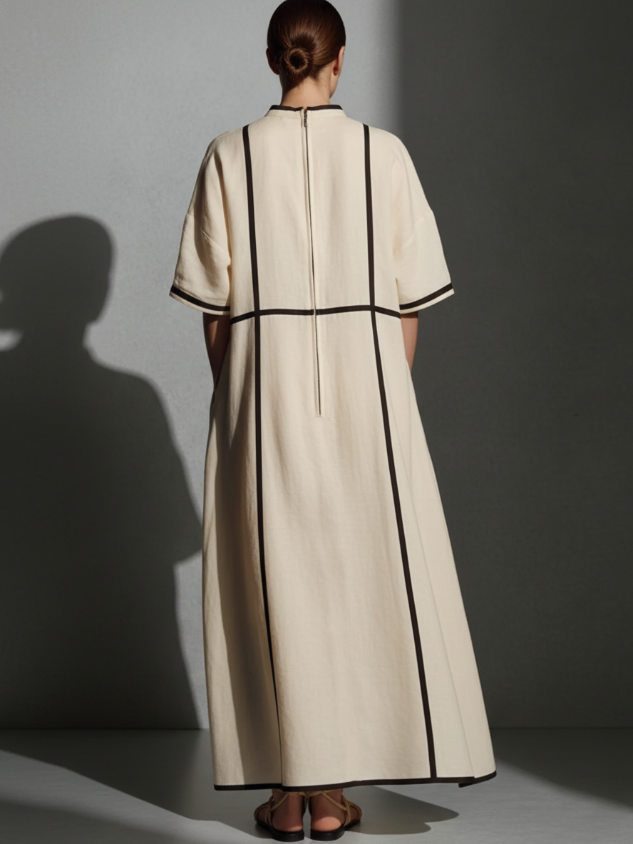 Diamante — Abito lungo in lino con collo alla coreana beige