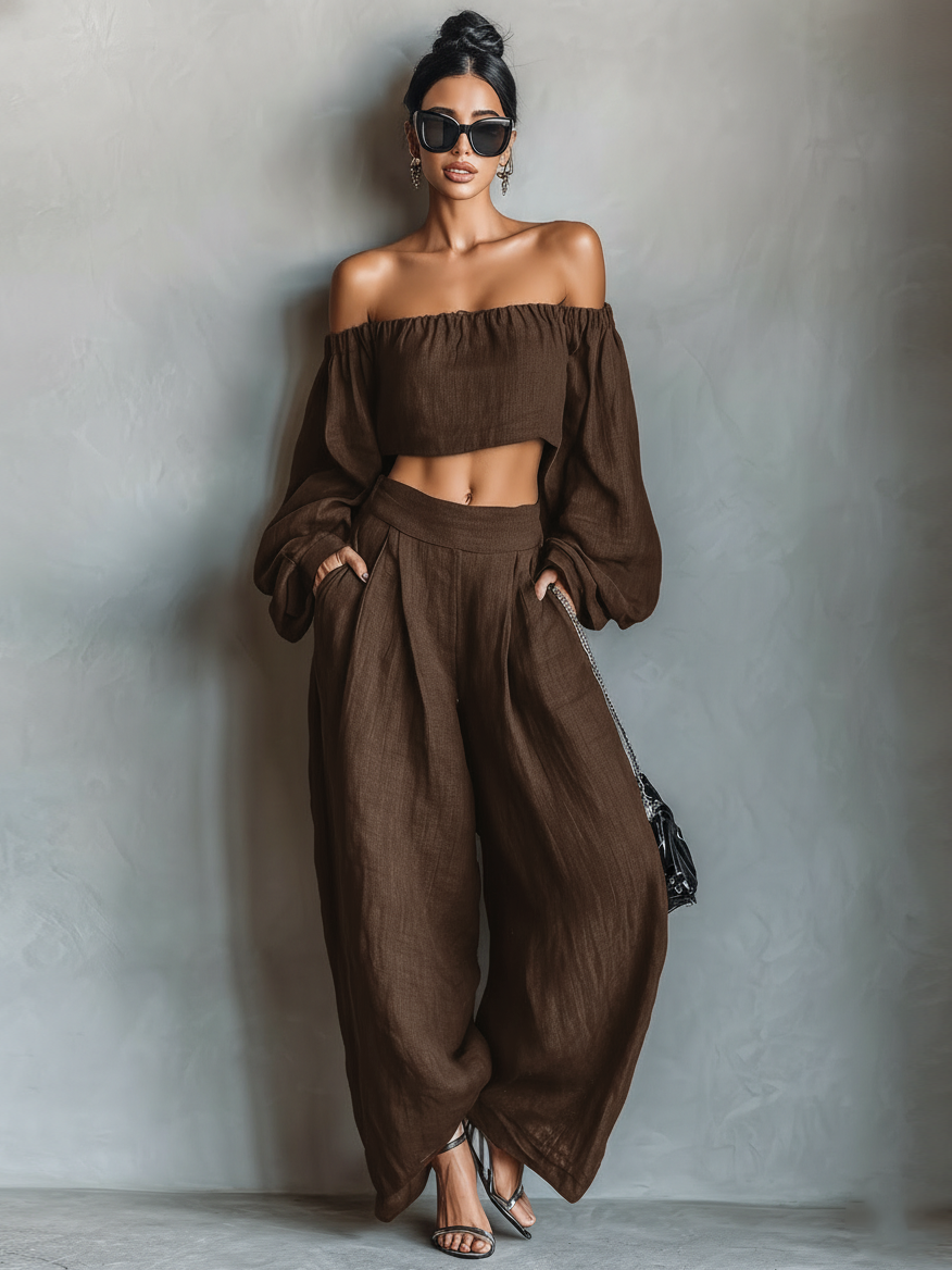 Bruna — Completo due pezzi in lino con pantaloni a gamba larga nero