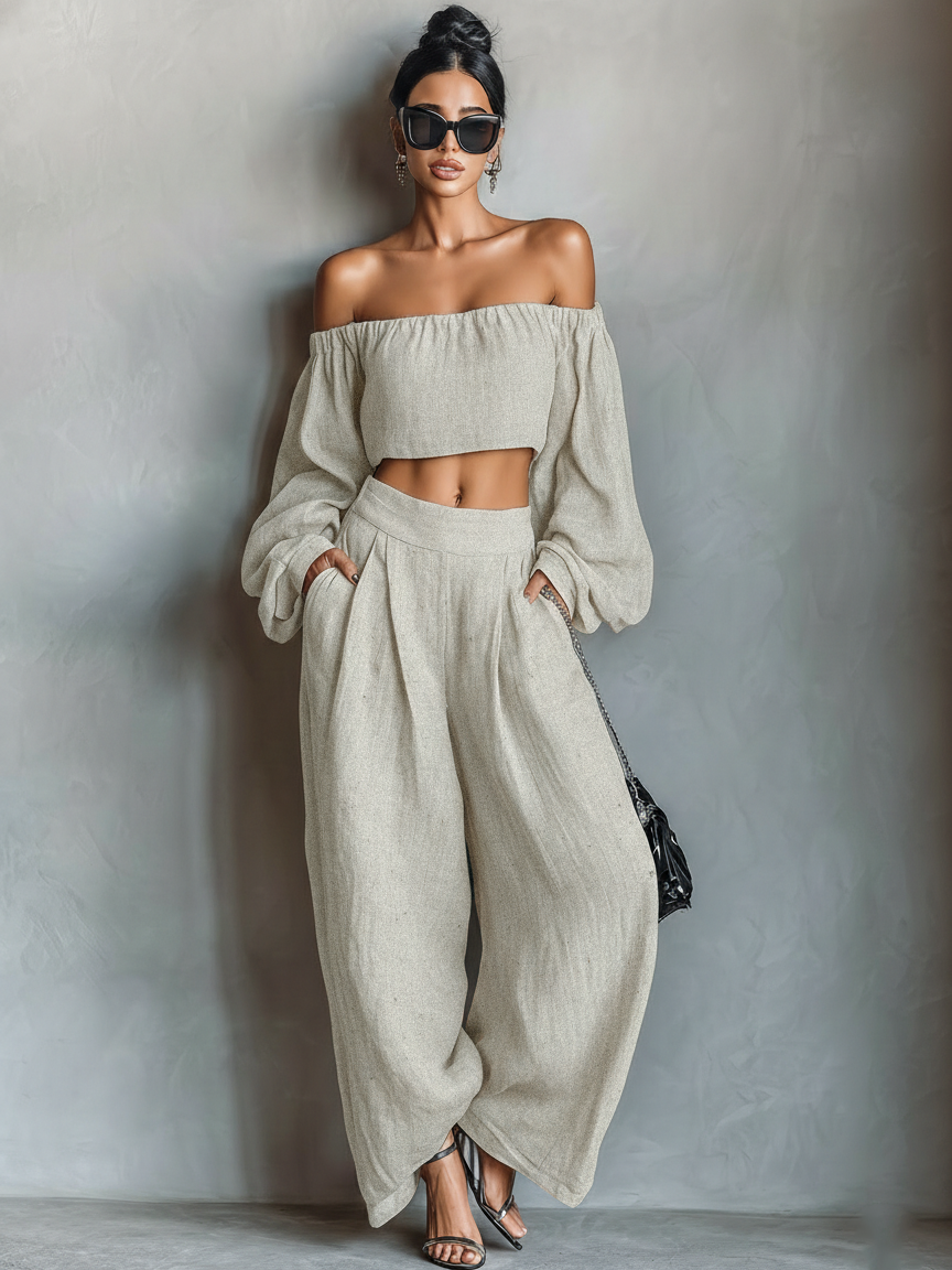 Bruna — Completo due pezzi in lino con pantaloni a gamba larga nero