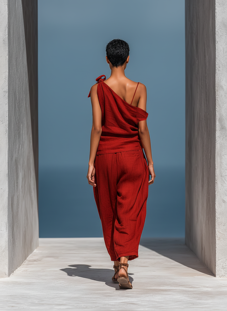 Eloisa — Completo due pezzi in lino con pantaloni a gamba larga rosso