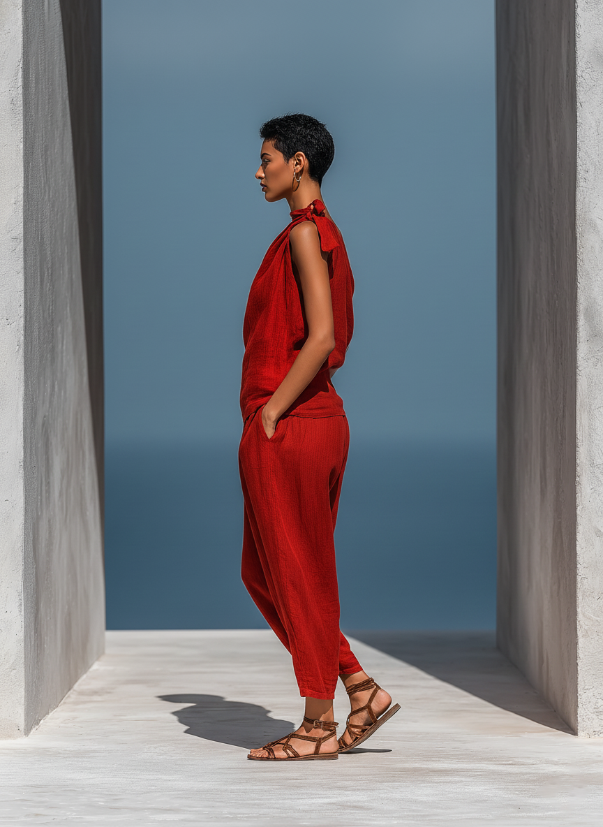 Eloisa — Completo due pezzi in lino con pantaloni a gamba larga rosso