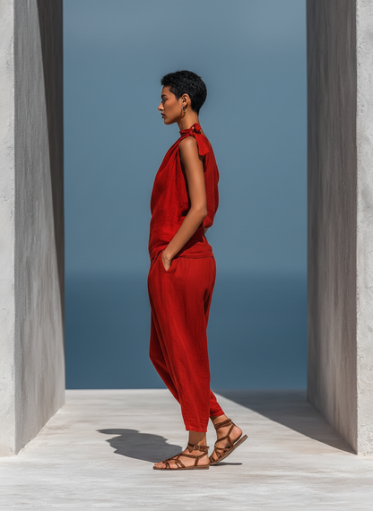 Eloisa — Completo due pezzi in lino con pantaloni a gamba larga rosso