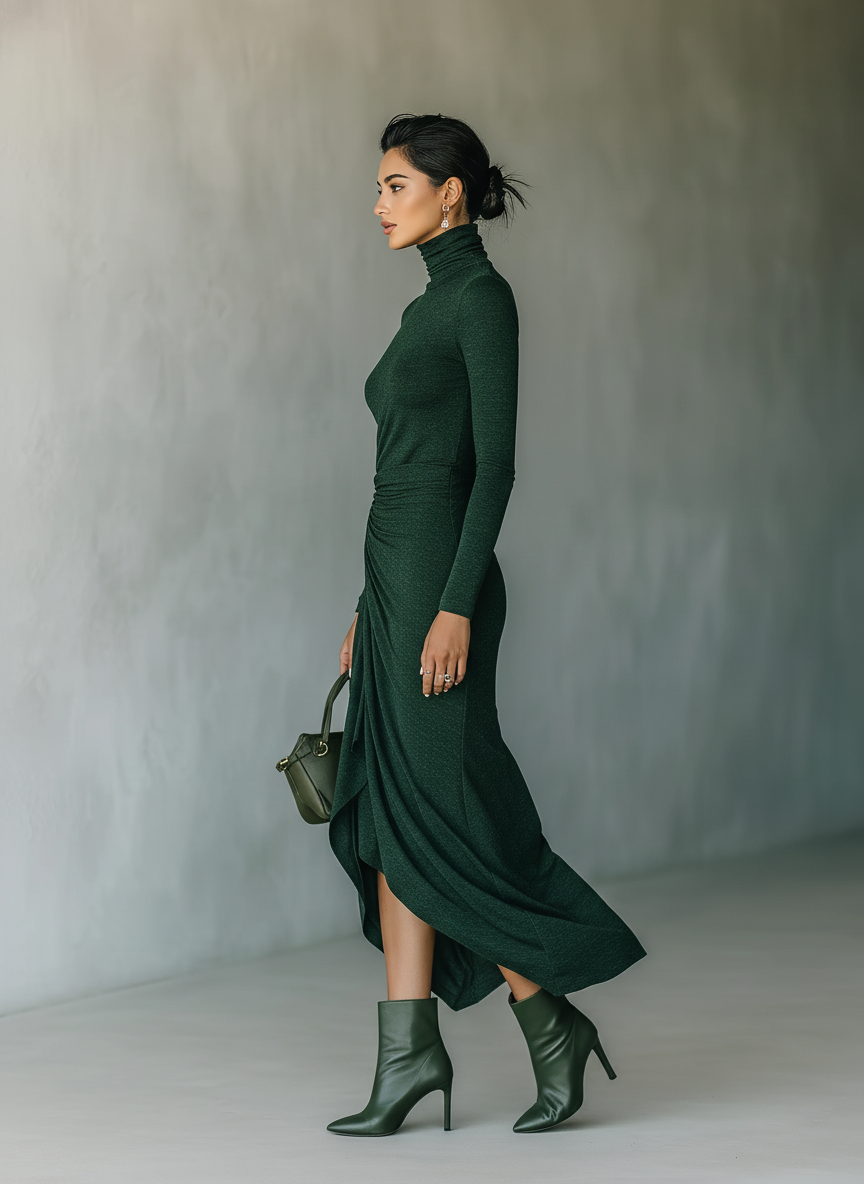 Fulvia Maria — Abito midi in maglia con collo alto verde scuro