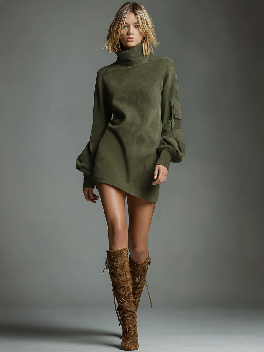 Elena Maria — Abito corto in camoscio con collo alto