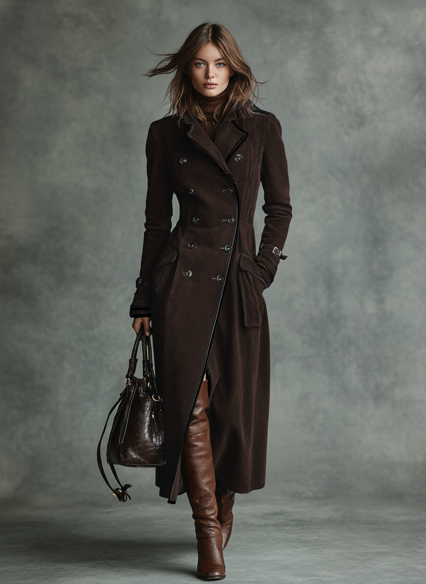 Bernarda — Cappotto doppiopetto in camoscio con revers