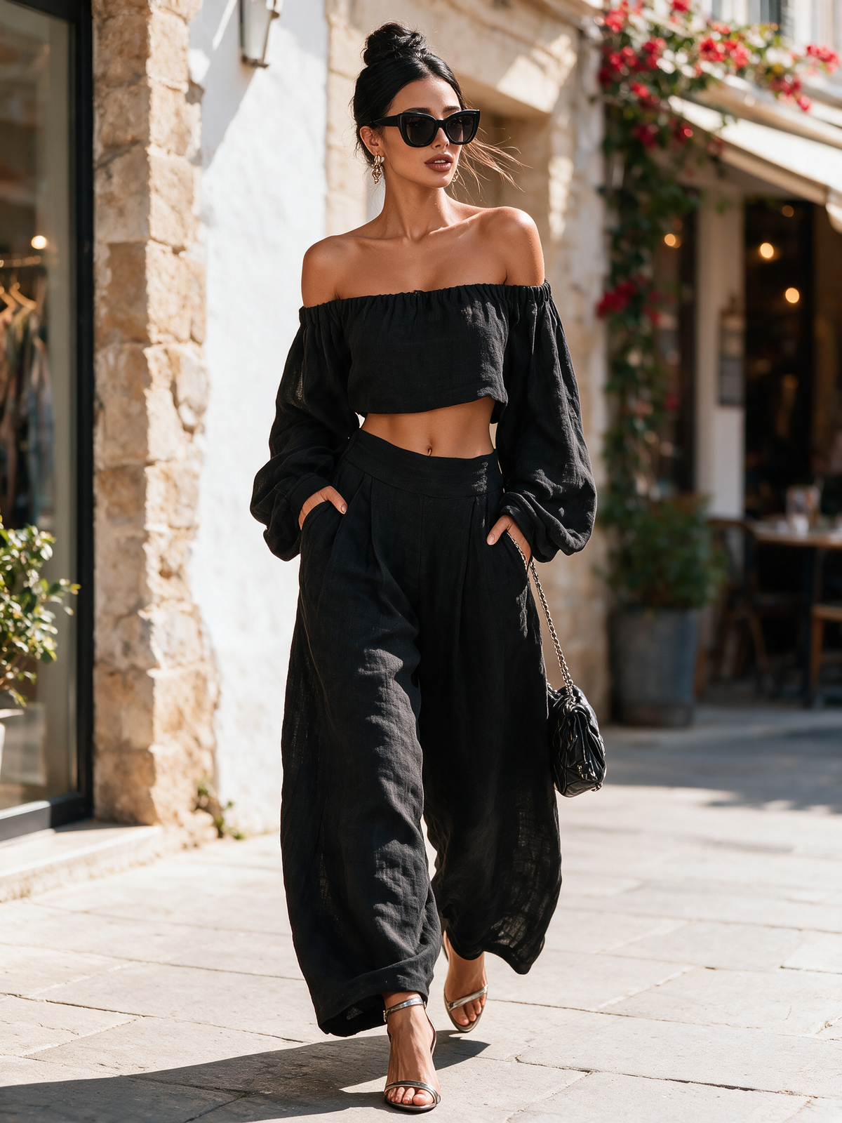 Bruna — Completo due pezzi in lino con pantaloni a gamba larga nero