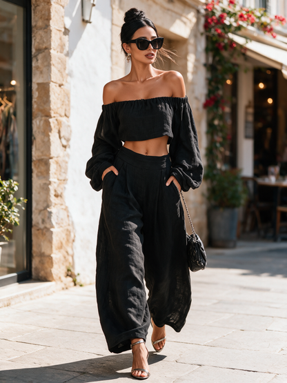Bruna — Completo due pezzi in lino con pantaloni a gamba larga nero
