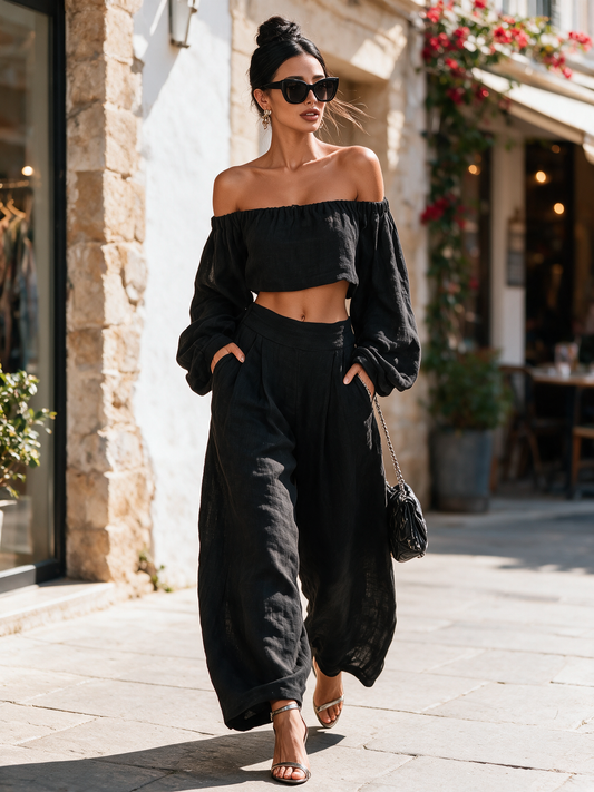 Bruna — Completo due pezzi in lino con pantaloni a gamba larga nero