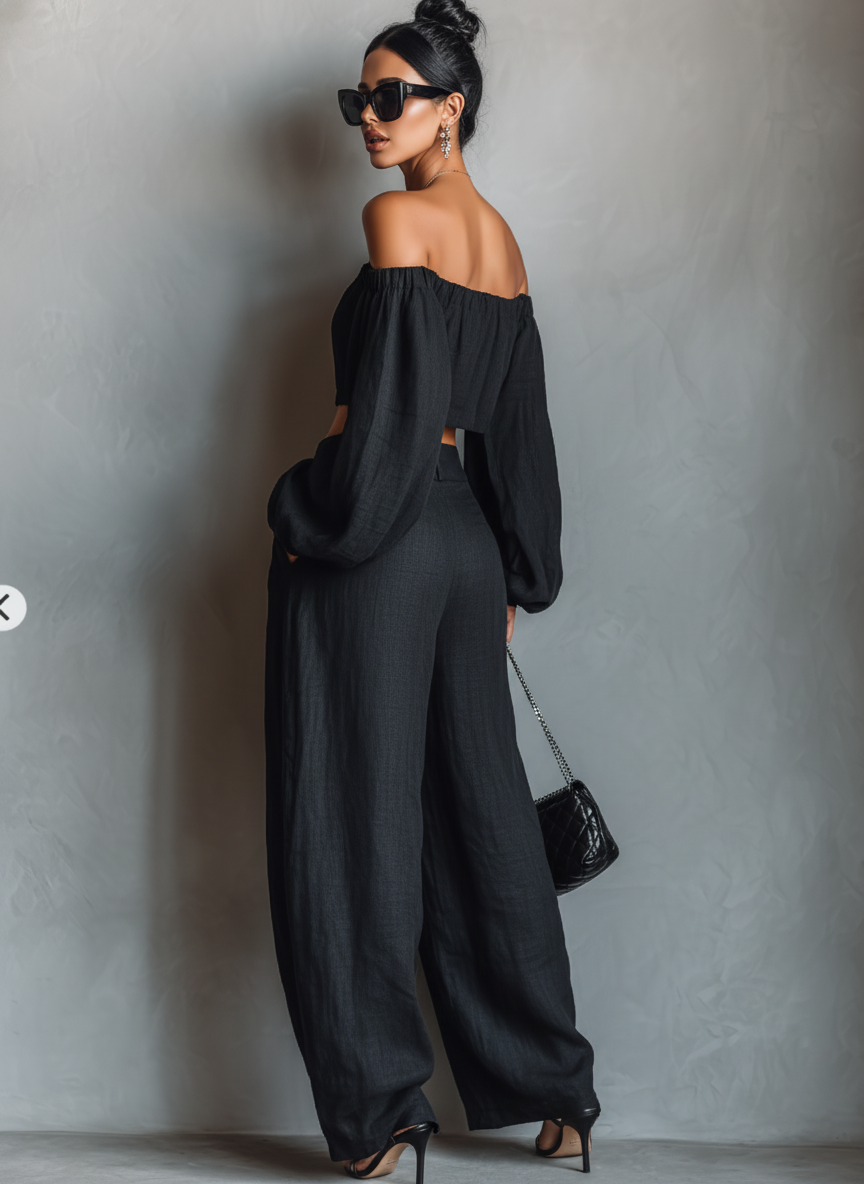 Bruna — Completo due pezzi in lino con pantaloni a gamba larga nero