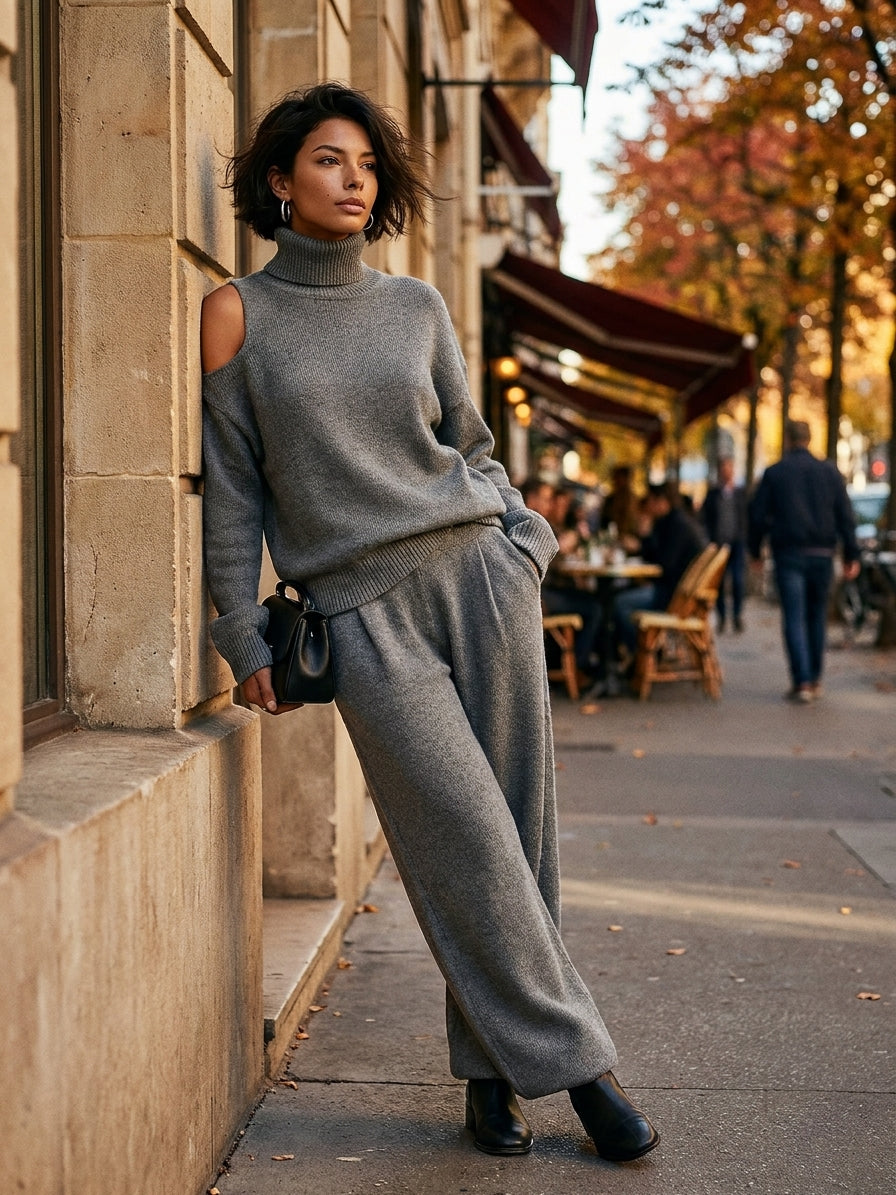 Dalia — Completo due pezzi in maglia con pantaloni a gamba larga grigio
