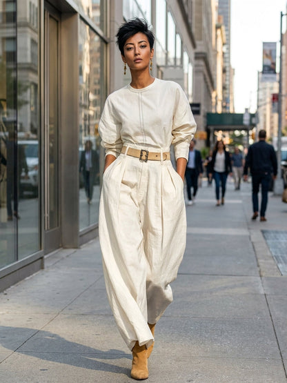 Delia — Completo due pezzi in cotone e lino con pantaloni bianco