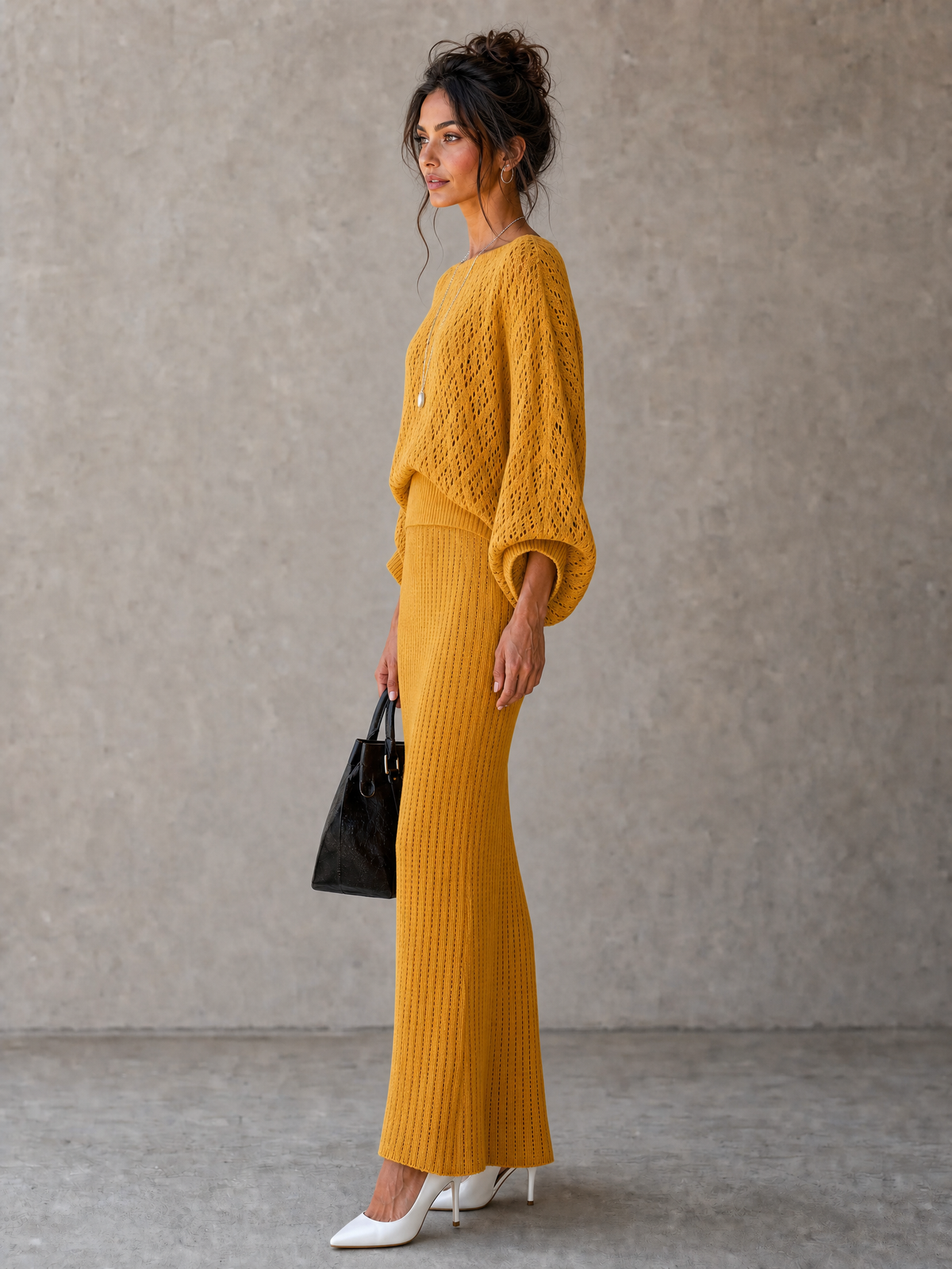 Natalia — Completo due pezzi in maglia con gonna giallo