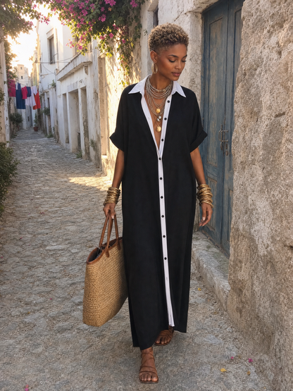 Lara — Abito lungo in lino con collo a camicia