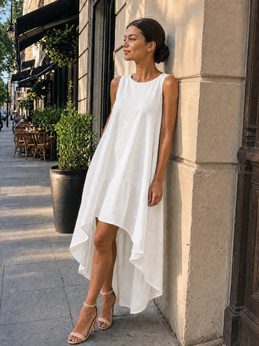 Attilia — Abito midi in lino con girocollo bianco
