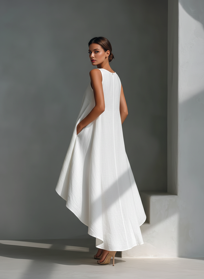 Attilia — Abito midi in lino con girocollo bianco