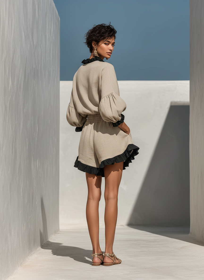 Dora — Completo due pezzi in lino con pantaloni beige