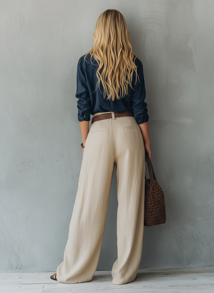 Ersilia — Abito in cotone e lino con scollo a V blu navy e kaki