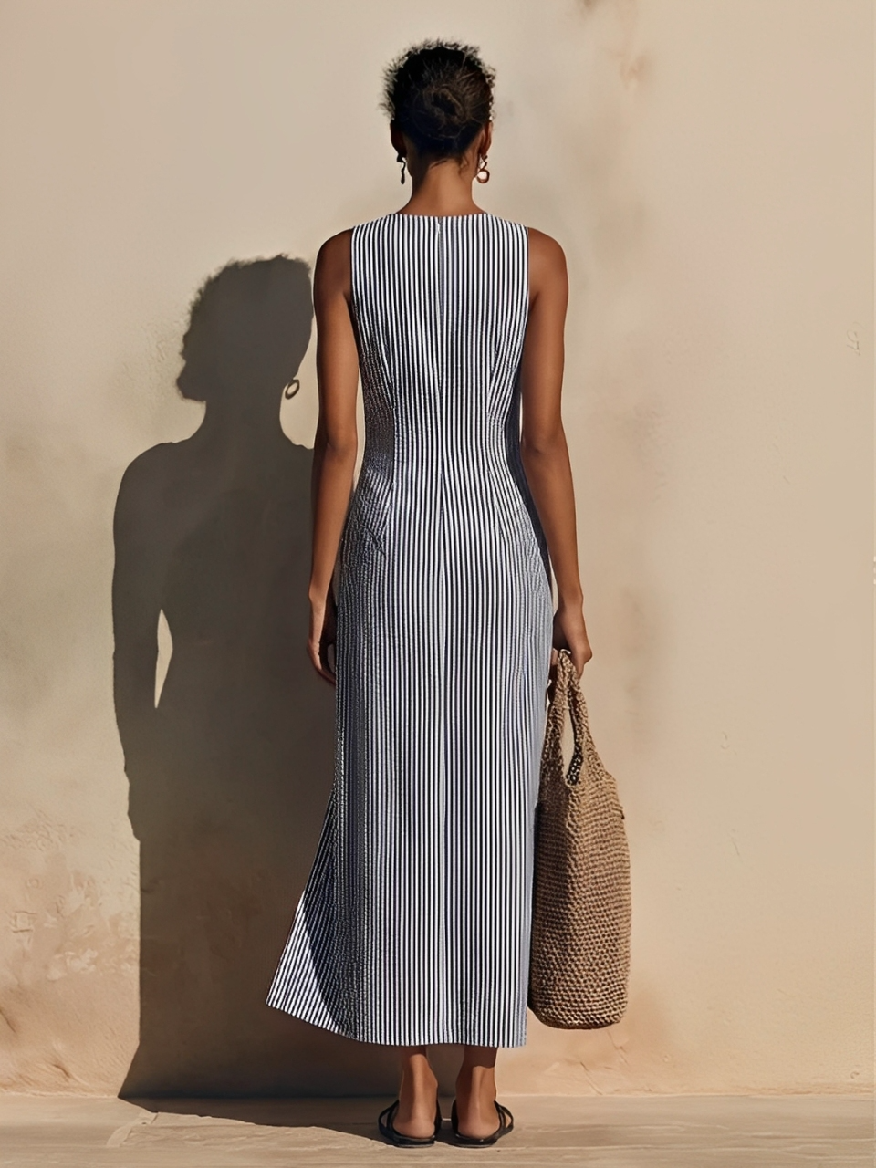 Amata — Abito lungo in lino a righe blu e bianco