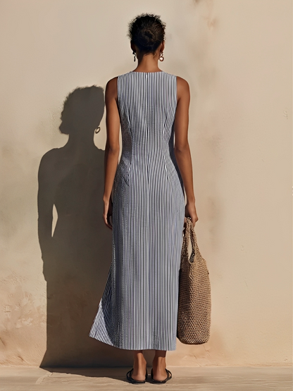 Amata — Abito lungo in lino a righe blu e bianco