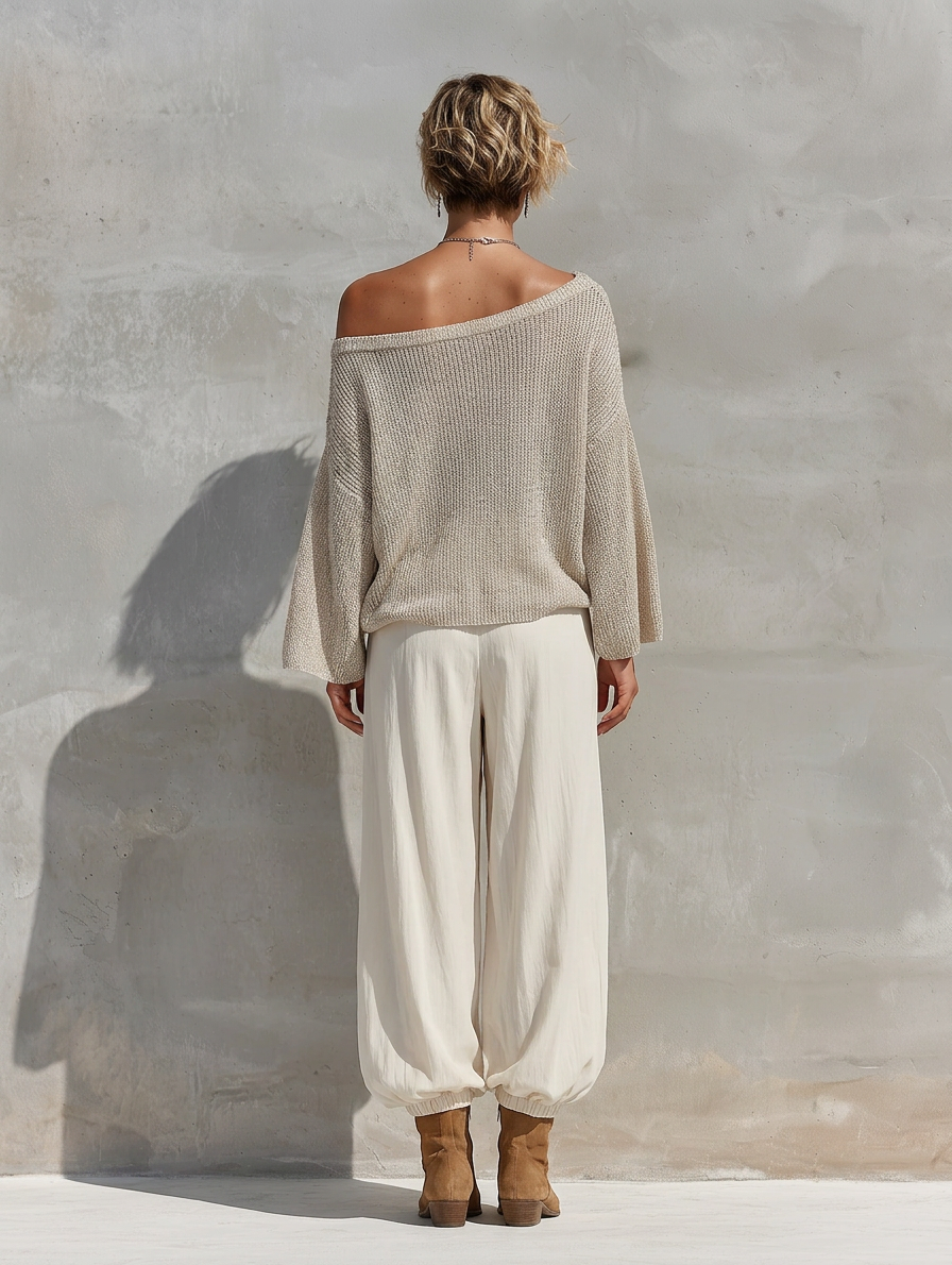 Carmela — Completo due pezzi in maglia con pantaloni a gamba larga beige