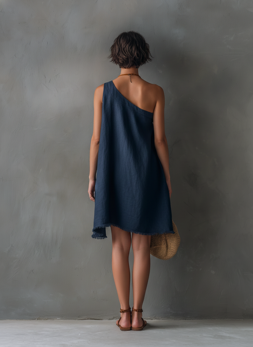 Alfreda — Abito corto in lino senza maniche blu navy