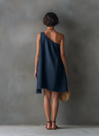 Alfreda — Abito corto in lino senza maniche blu navy