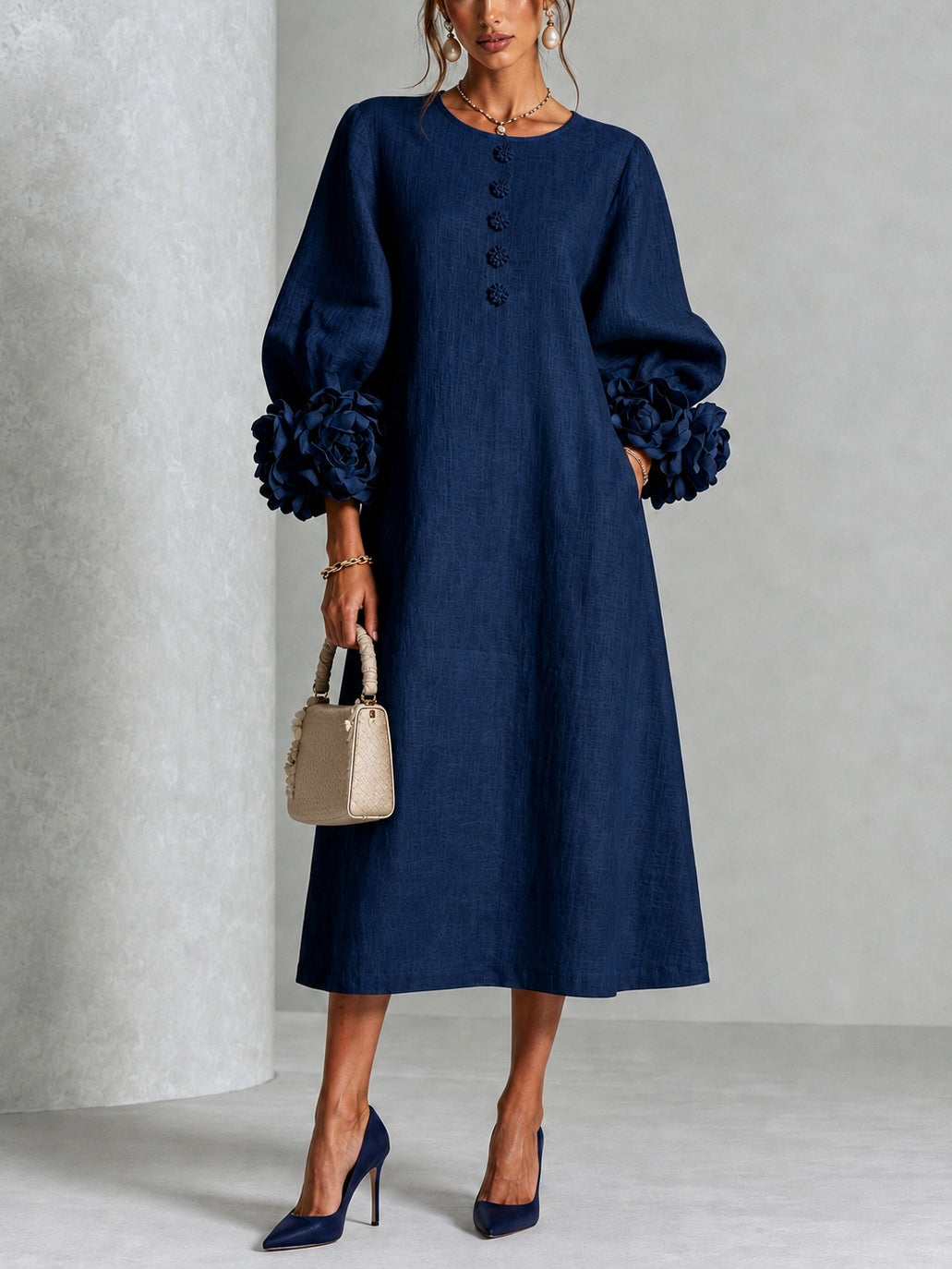 Cornelia — Abito midi a fiori con polsini a fiore