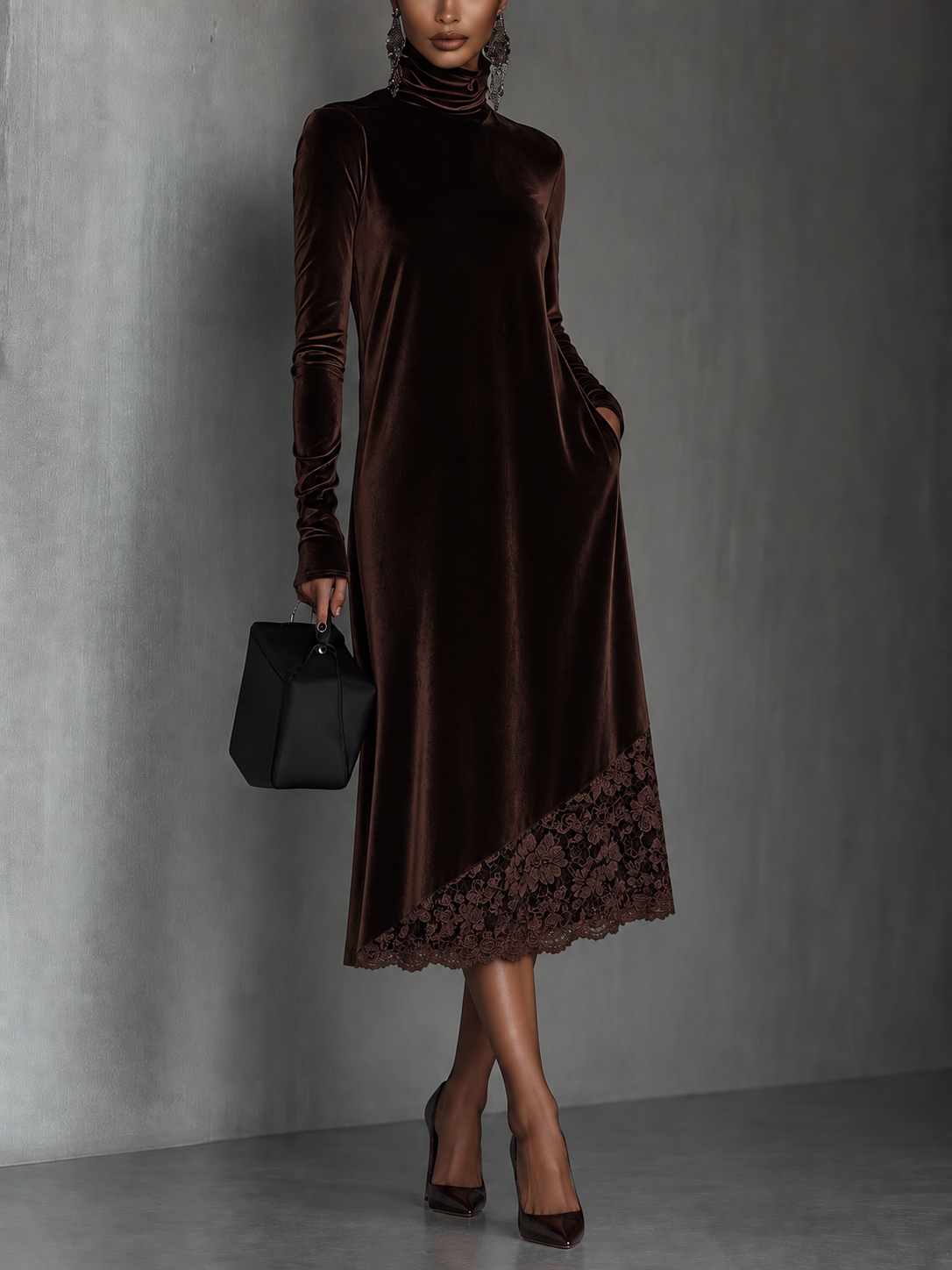 Arianna — Abito midi in velluto con pizzo