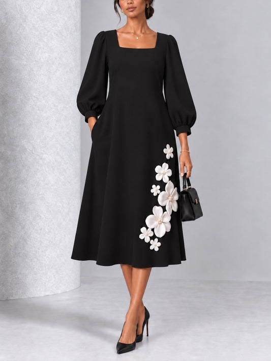 Antonella — Abito midi a fiori con applicazioni floreali
