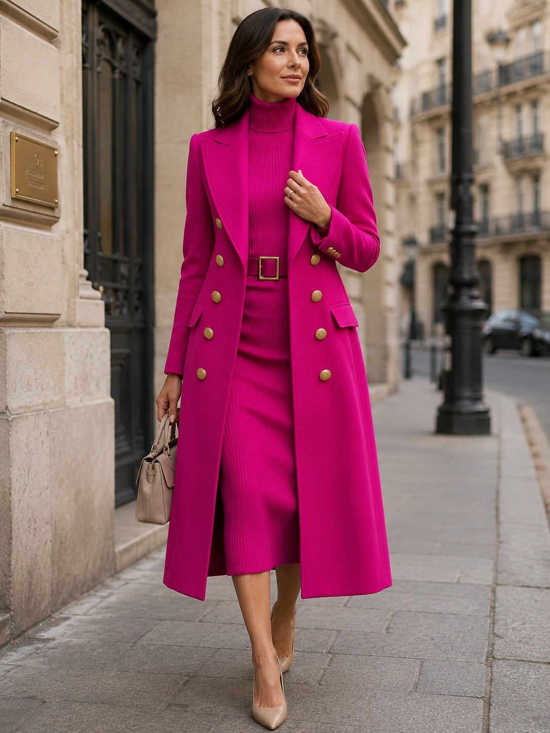 Albina — Completo con cappotto e abito in maglia con cintura