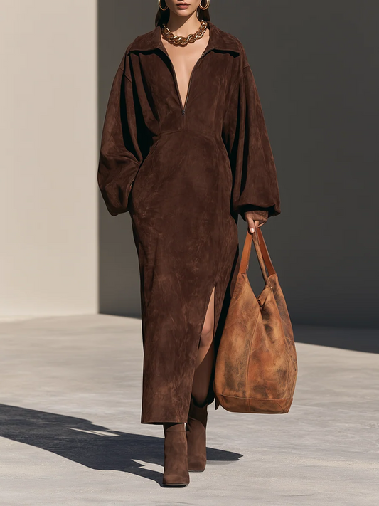 Norma — Abito lungo in camoscio con mezza zip