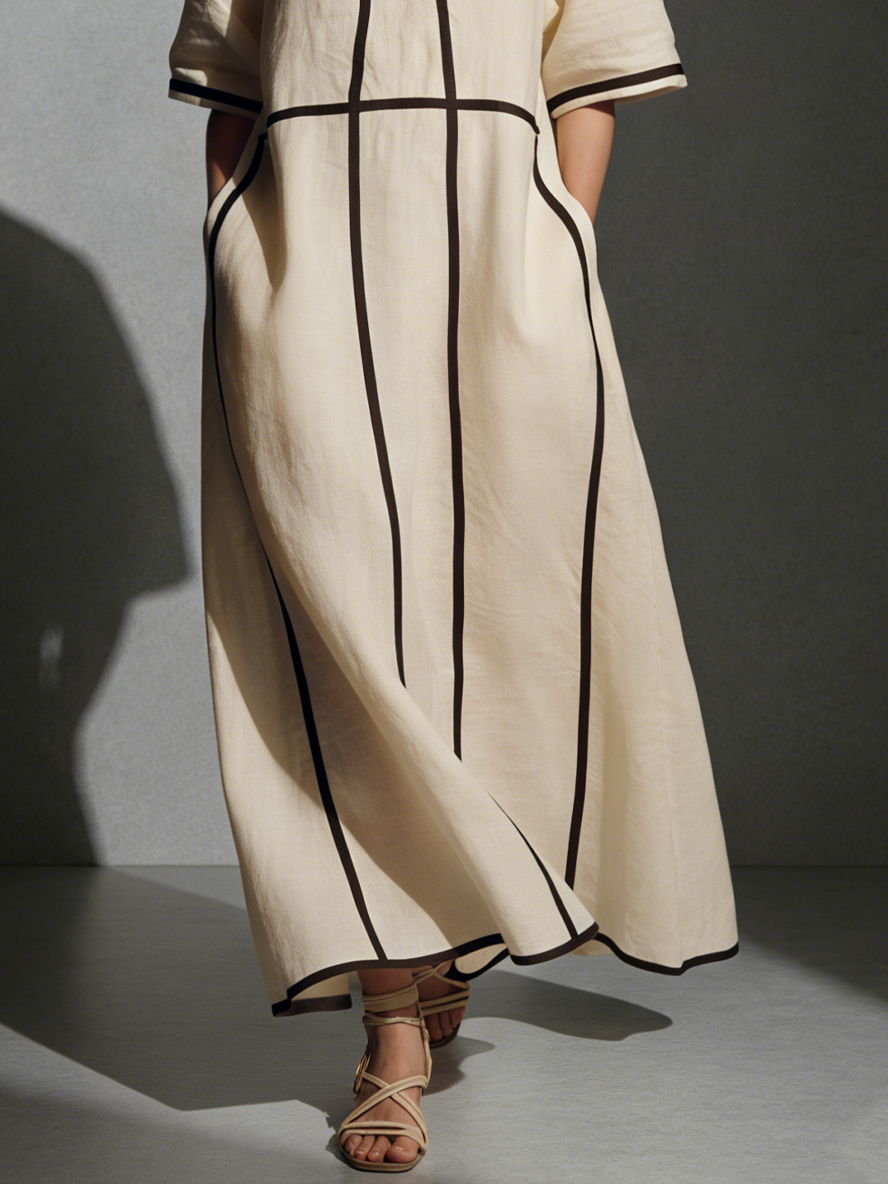 Diamante — Abito lungo in lino con collo alla coreana beige