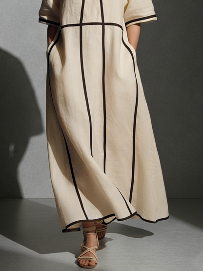 Diamante — Abito lungo in lino con collo alla coreana beige