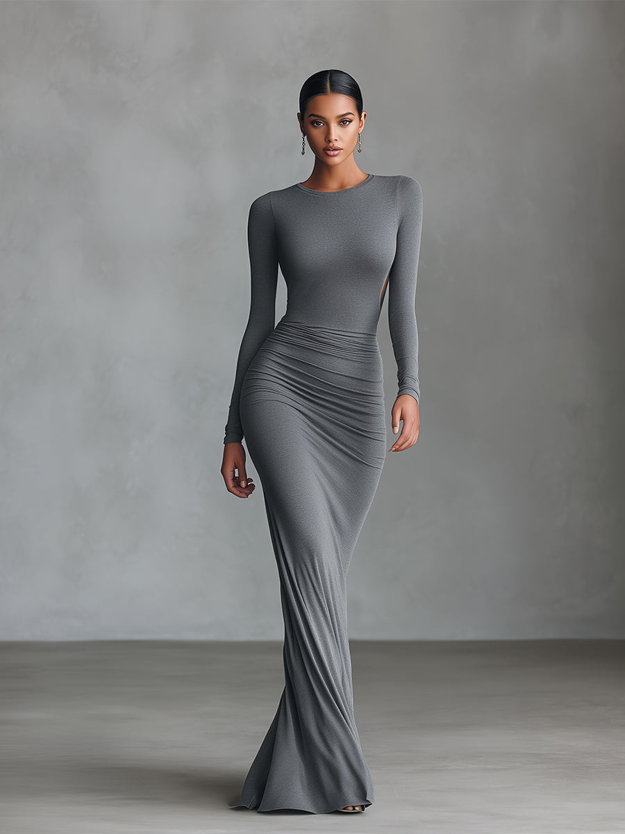 Eleuteria — Abito lungo in maglia elasticizzata con girocollo grigio