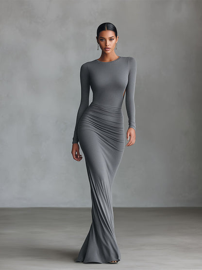 Eleuteria — Abito lungo in maglia elasticizzata con girocollo grigio
