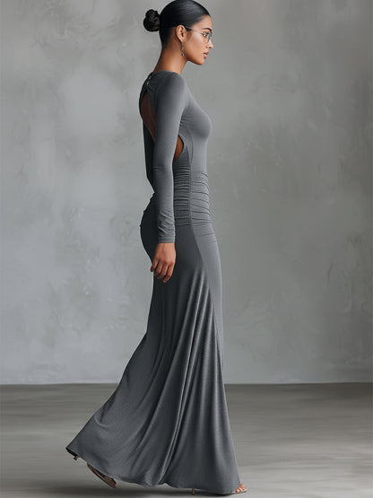 Eleuteria — Abito lungo in maglia elasticizzata con girocollo grigio