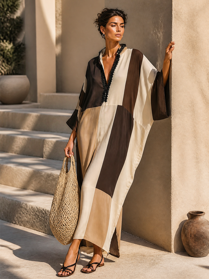 Incoronata — Abito lungo in lino color block marrone e beige