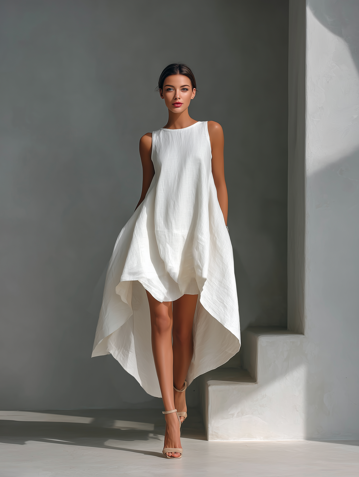 Attilia — Abito midi in lino con girocollo bianco